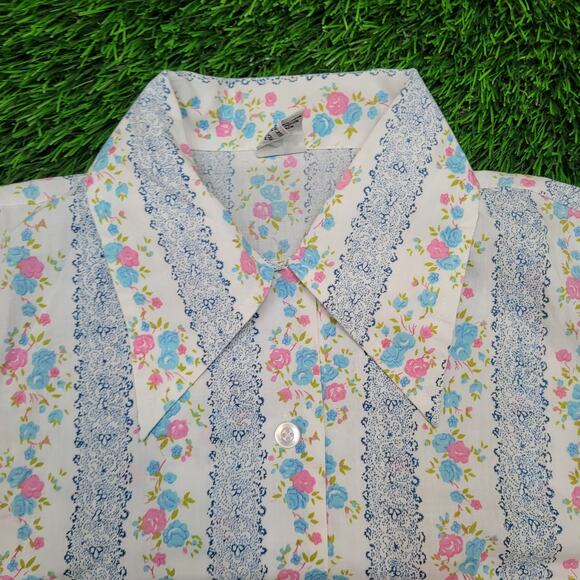 Vintage 70s Dagger Collar Floral Blouse Womens Medium Cottagecore Disco - Picture 2 of 10